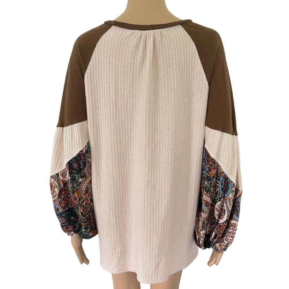 UMGEE Boho Waffle Knit Top M Oversized Lagenlook Balloon Sleeve Floral Patchwork - Picture 9 of 9